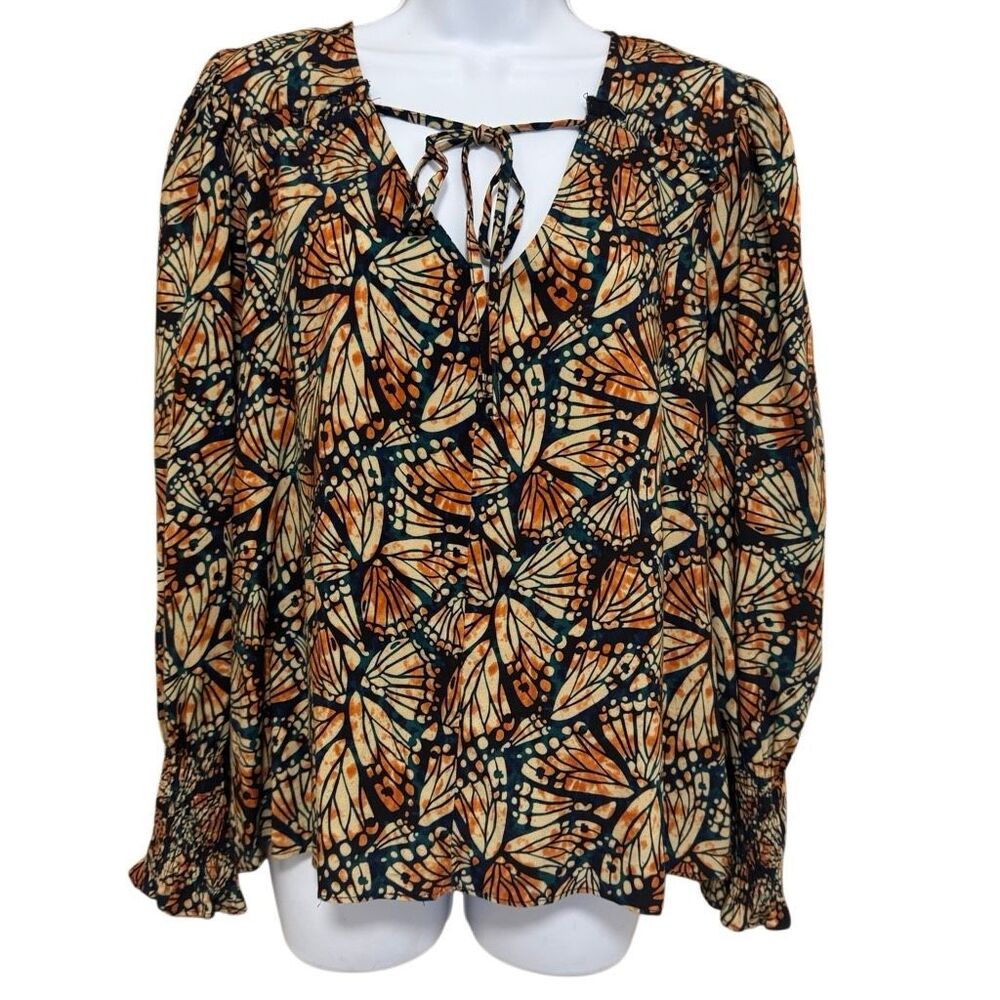 Dear John Butterfly Print Blouse Medium Boho Tie Neck Smocked Cuffs 100% Rayon L